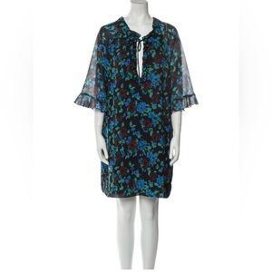 Ganni Printed Light Crepe Ruffle V-Neck Raglan Dress in Meadow Azure Blue 34